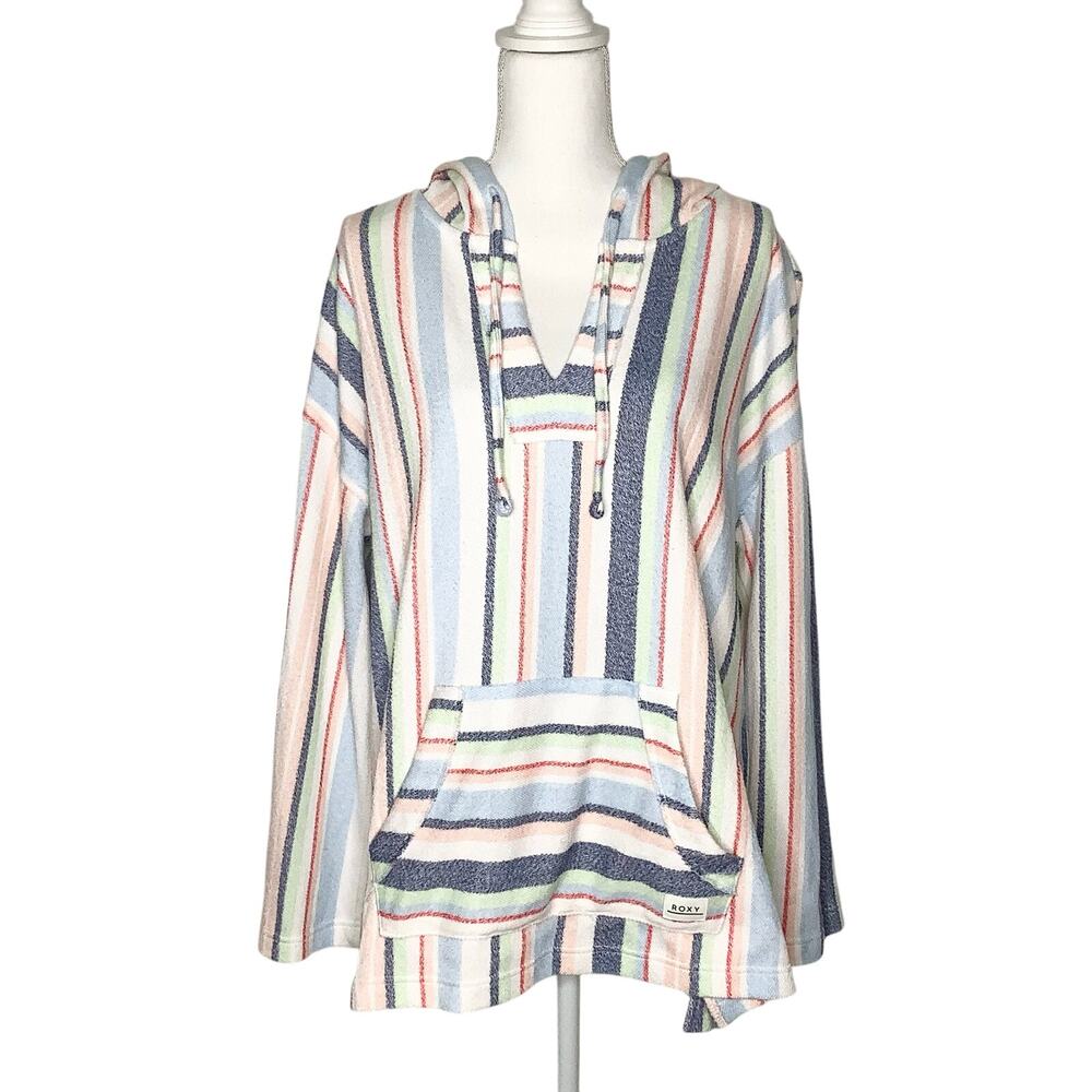 Roxy Waves And Rays Striped Terry Hoodie Kangaroo Pouch Flared Sleeves XL